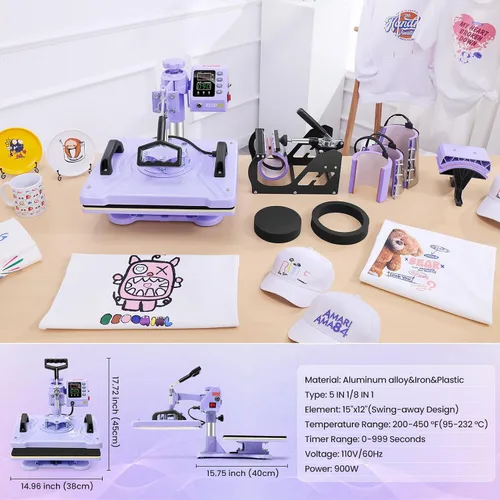 Vista 3 de AKEYDIY Prensa de calor, máquina de prensa de camisas de 15 x 12 pulgadas con accesorio de taza/plato/tapa, sombrero de impresión de camisa
