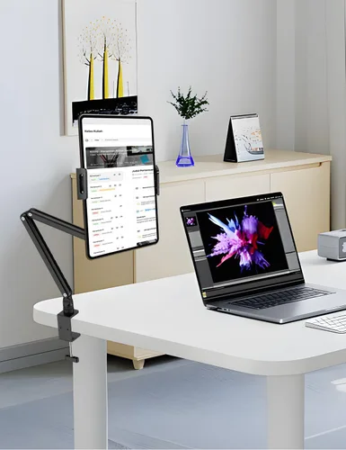 Vista 5 de Yumecamp - Soporte para tablet de triple brazo, soporte de aluminio resistente para iPad con abrazadera de escritorio, soporte giratorio de 360°