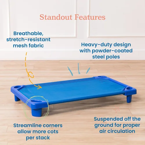 Vista 4 de ECR4Kids Cama/catre estándar para niños pequeños (Paquete de 6), Azul, 1 Breathable mesh, GREENGUARD Gold Certified, 75 lb capacity, space-saving