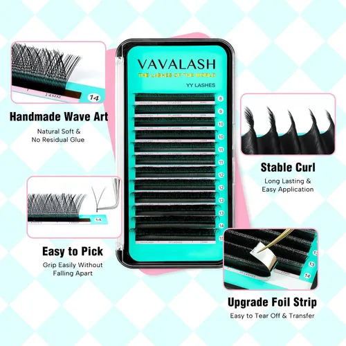 Vista 3 de VAVALASH Extensiones de pestañas en Y, rizo C, 0.002 in, 0.315-0.591 in, bandeja mixta, volumen 4D, extensiones de pestañas tipo YY, extensiones
