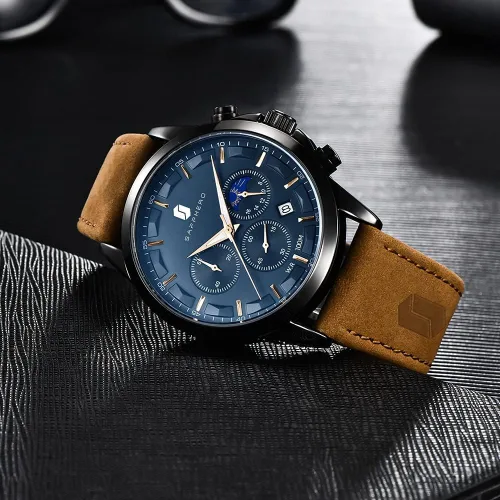 Vista 8 de SAPPHERO Watches for Men Quartz Chronograph 10ATM Waterproof Brown Leather Men's Fashion Business Wrist Watch (Battery is Dead)