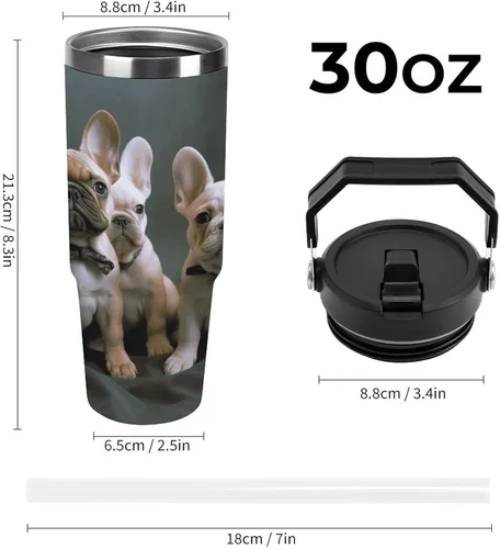 Vista 2 de French Bulldog Puppies Tumbler with Handle 30oz Vacuum Insulated Stainless Steel Water Bottle Leakproof Hot Coffee Travel Mug Iced Coffee Cup