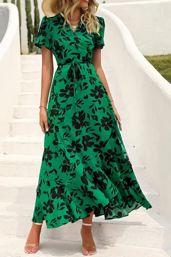 Vista 4 de PRETTYGARDEN - Vestido largo de verano cruzado para mujer, con cuello en V, estilo bohemio, floral, manga corta, dobladillo con volantes