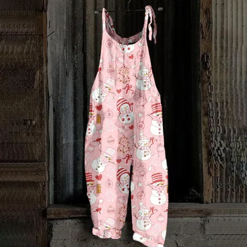 Vista 3 de Basysin Mono de Navidad para mujer, vintage, talla grande, overol con estampado de muñeco de nieve de Navidad, monos de lino de algodón de una pieza