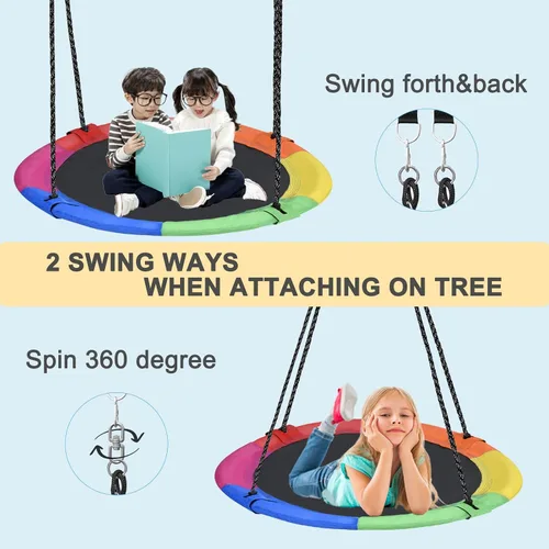 Vista 4 de Columpio de árbol de platillo de 43 pulgadas para niños, columpio redondo de textileno duradero, resistente, impermeable y resistente a todo
