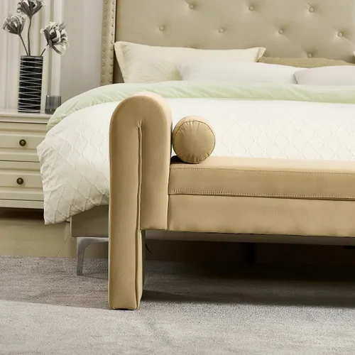 Vista 5 de Banco de terciopelo para dormitorio al pie de la cama, banco otomán tapizado con botones capitoné de 60.5 pulgadas con brazos curvos, otomán