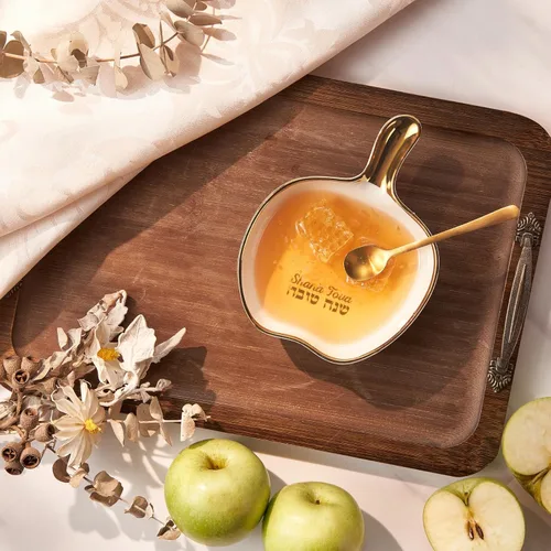 Vista 3 de Rosh Hashanah - Juego de platos de miel en forma de manzana dorados, regalos de fiesta de anfitriona judía de Año Nuevo, accesorios de cocina