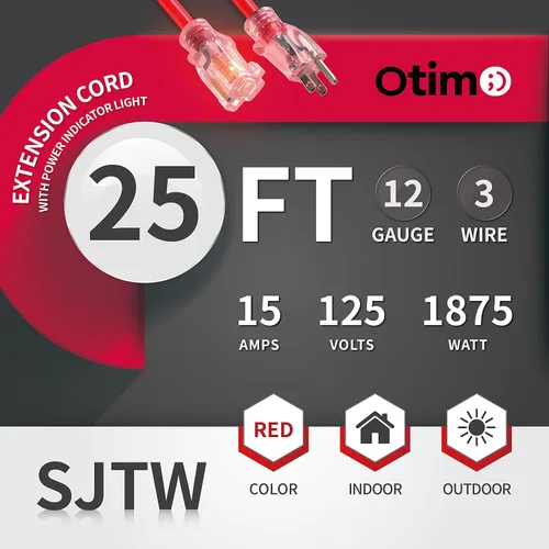 Vista 2 de Otimo SJTW rojo de 25 pies, 12/3, cable de extensión prémium para exteriores, enchufe transparente con 3 puntas, 15A 1875W, resistente al agua y a