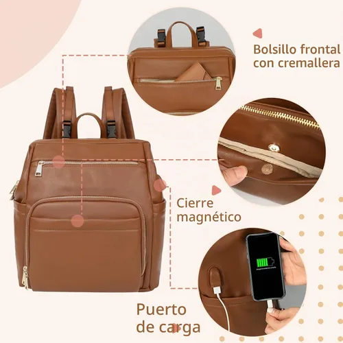 Vista 3 de Omanmoli Bolsa de pañales Mochila de cuero grande Bolsa de viaje para bebés Marrón