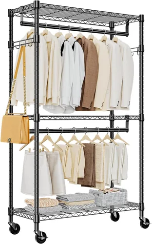 Vista 16 de M MZG Perchero resistente con ruedas de 3 niveles de alambre ajustable con 3 varillas y ganchos laterales, estante de ropa para armario, color Negro