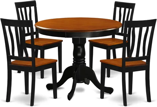 Vista 16 de East West Furniture ANTI3-BLK-W Juego de mesa y sillas de cocina de 3 piezas contiene una mesa de comedor redonda con pedestal y 2 sillas de asiento