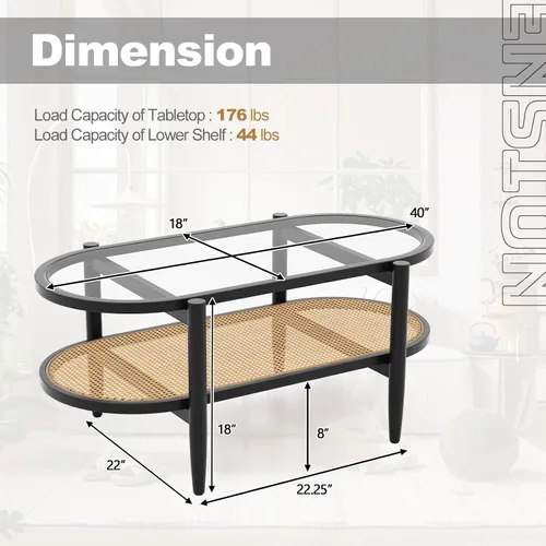Vista 2 de Giantex Mesa de centro de ratán, mesa de té de madera ovalada de 2 niveles con mesa de vidrio templado y estante de almacenamiento de ratán de Negro