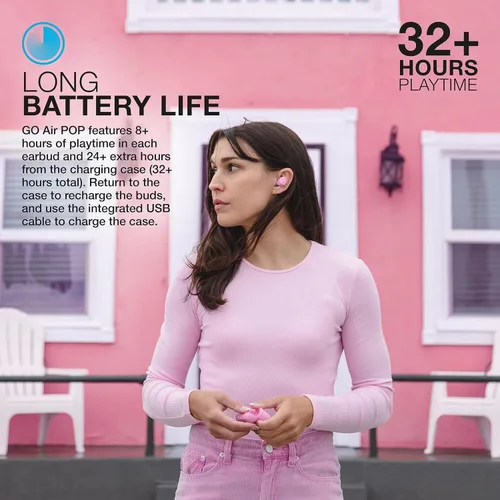 Vista 6 de JLab Go Air Pop+ Auriculares Bluetooth inalámbricos verdaderos en color rosa más puntas de auriculares mnemónicos de espuma de nube