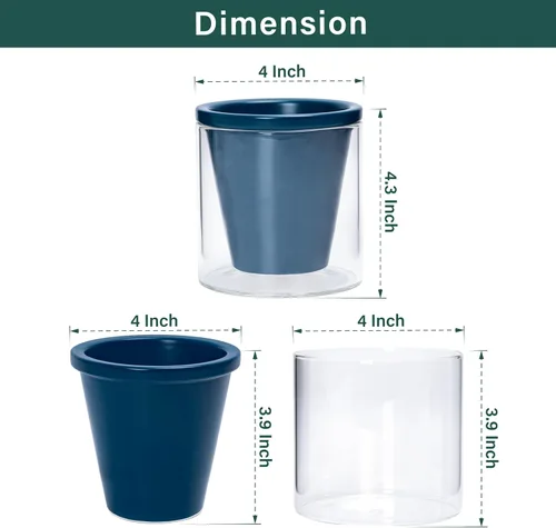 Vista 2 de D'vine Dev Maceta de Diseño de Riego Automático de 4 Pulgadas para Plantas de Interior, Maceta de Terracota Azul con Vaso Cilíndrico de Vidrio