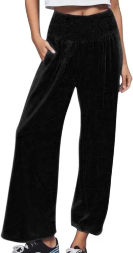 Vista 5 de SHAOBGE Pantalones palazzo de verano para mujer, cintura alta, pierna ancha, casual, cintura elástica, pantalones de playa con bolsillos
