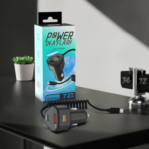 Vista 5 de Cargador de coche de 72 W para iPhone 17 16 15 Pro Max, cargador de coche 3 en 1 USB C de carga rápida con cable retráctil en espiral, adaptador
