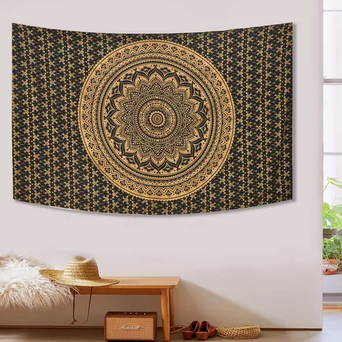 Vista 2 de ANJANIYA - Tapiz para colgar en la pared, diseño de mandala, nuevo sombreado dorado, decoración de dormitorio, metálico, hippy, arte de muro