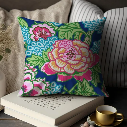 Vista 7 de Juego de 2 almohadas coloridas de estilo chinoiserie, color rosa intenso, azul real, peonía, floral, blanco, lino, estilo chinoiserie, para sofá