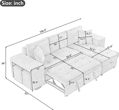 Vista 2 de Sofá cama modular de 104 pulgadas con diván de almacenamiento y taburetes para sala de estar, moderno sofá cama extraíble de 3 asientos