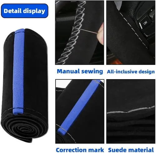Vista 4 de AUCELI Funda para volante de automóvil, 38 cm de cuero genuino duradero con costura envolvente para hombres y mujeres, protector de volante