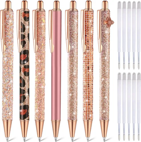 Vista 8 de Sherr 7 bolígrafos elegantes para mujer, lindos bolígrafos de purpurina brillantes con 10 recambios de tinta negra, bonitos regalos para niñas