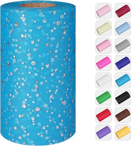 Vista 20 de Rollos de tul con purpurina, 6 pulgadas por 50 yardas (150 pies) de tela de malla de tul para faldas tutú, costura, cumpleaños, boda, decoración
