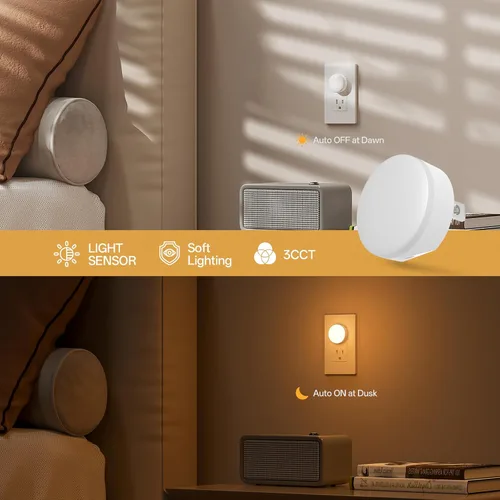 Vista 4 de Luz nocturna enchufable, mini luces nocturnas LED regulables para niños, sensor automático del atardecer al amanecer, lámpara nocturna de encendido