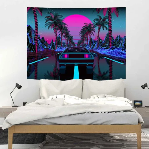 Vista 5 de Ine Ive Tapiz de coche de los años 80, escena urbana de la calle, palmeras, puesta de sol, cielo estrellado, tapiz de pared punk, 40 x 30 pulgadas