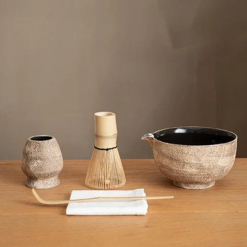 Vista 12 de Juego de 6 batidores japoneses de matcha, hecho a mano con cuenco (chawan), batidor de bambú (Chasen) y soporte, cuchara, tamiz y toalla de té, kit