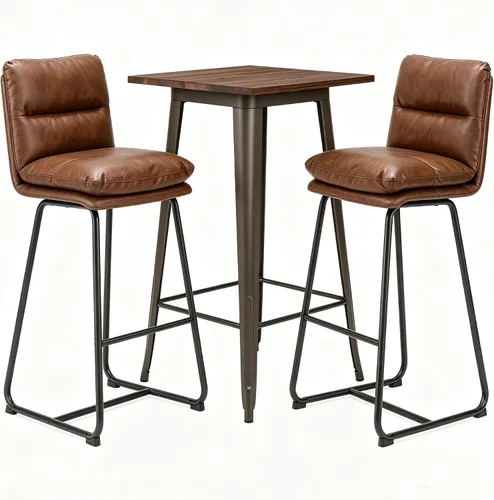 Vista 10 de Glitzhome Juego de mesa y sillas de comedor, mesa redonda de acero negro con parte superior de madera de olmo sólido y taburetes de bar de cuero