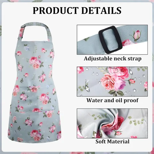 Vista 3 de 2 Pack Floral Apron, Adjustable Waterproof Aprons with 2 Pockets Cute Apron for Kitchen, Baking for Mom Wife Sister