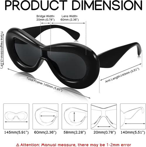 Vista 6 de FEISEDY Lentes de sol ovalados inflados para mujeres y hombres, a la moda, de gran tamaño, montura gruesa, Y2K, divertidos tonos estéticos B9088