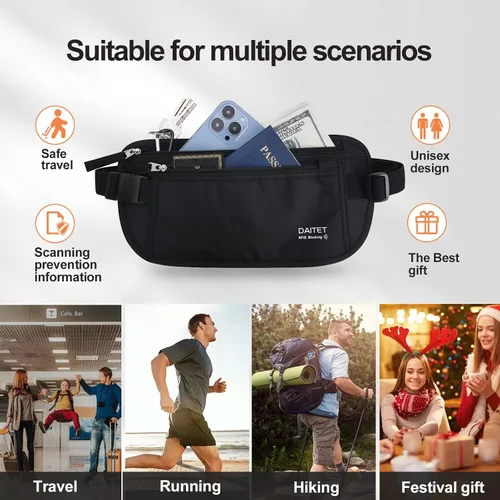 Vista 5 de DAITET Cinturón de dinero, soporte para pasaporte, cartera de viaje oculta segura con bloqueo RFID, riñonera encubierta (negro), Negro, Rfid