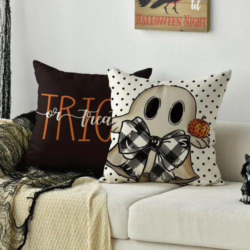 Vista 5 de AVOIN colorlife Happy Halloween - Juego de 4 fundas de almohada de 16 x 16 pulgadas, con diseño de fantasmas, diseño de murciélagos y calabaza