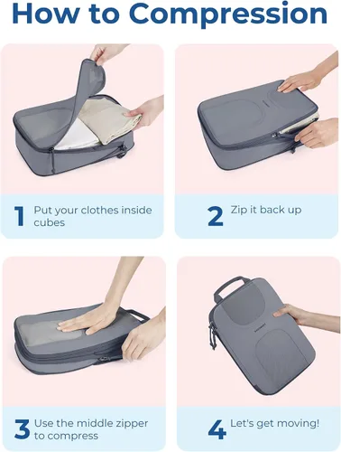 Vista 5 de BAGSMART Juego de 6 cubos de compresión para maletas, organizadores ligeros y cubos de viaje de compresión, artículos esenciales de viaje, color gris