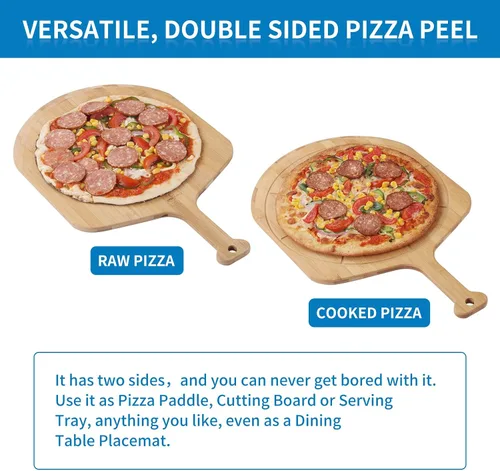 Vista 4 de Fiery Chef Pala de pizza de bambú de 12 pulgadas, tabla de cortar de madera ligera y lisa con 8 ranuras para rebanadas, accesorios para horno