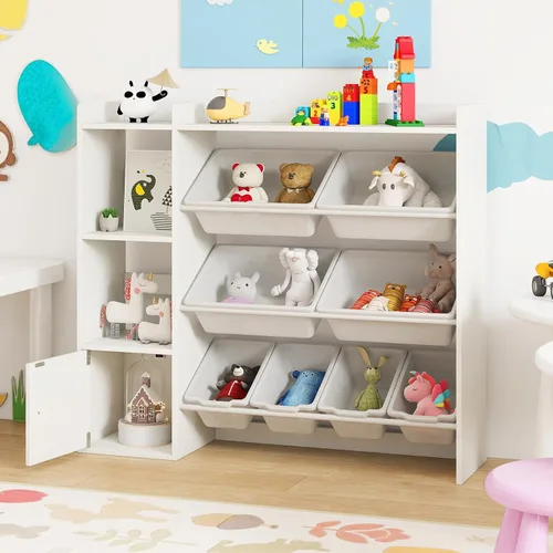Vista 13 de Costzon Organizador de almacenamiento de juguetes para niños con 8 contenedores, estantería de madera para niños pequeños con estantes abiertos