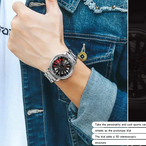 Vista 3 de GORBEN Reloj de pulsera para hombre creativo 3D con rueda de automóvil, reloj giratorio de cuarzo a la moda, reloj de pulsera elegante con correa