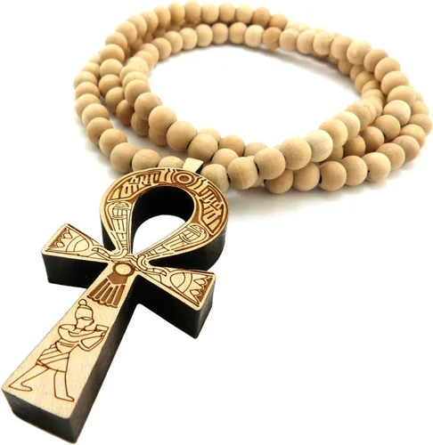 Vista 3 de Moda 21llave de la vida egipcia grabado Ankh colgante 8mm. Collar con abalorio de madera de 36