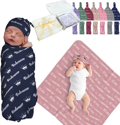 Vista 9 de Manta de Arrullo Personalizada para Bebé para Niños y Niñas - Manta con Nombre Personalizado con Animales