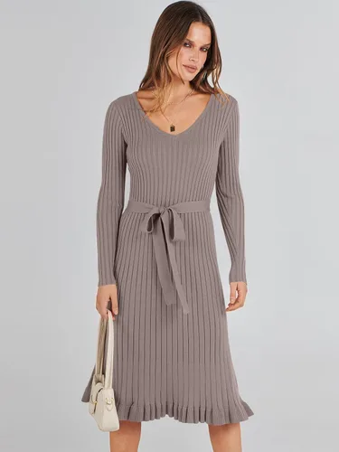 Vista 2 de ANRABESS Vestido tipo suéter de manga larga con cuello en V para mujer, plisado, ajustado, acanalado, de punto, con cinturón