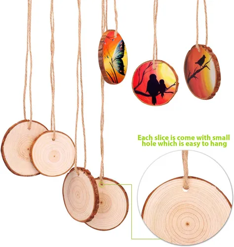 Vista 3 de Fuyit Juego de 30 rodajas de madera de 2.0 a 2.4 pulgadas, sin acabar, con agujero, círculos de madera para artes y manualidades, adornos