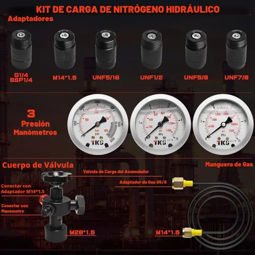 Vista 2 de Kit de carga de acumulador de nitrógeno hidráulico, kit de llenado de nitrógeno, sistema de prueba de presión de nitrógeno con 7 acoplamientos, 3
