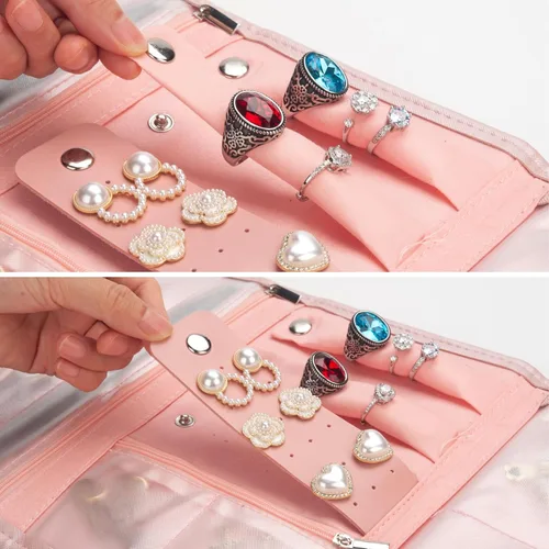 Vista 2 de Organizador de joyas de viaje pequeño plegable organizador de viaje de joyería rosa, bolsa de joyería rosa, organizador de viaje, organizador