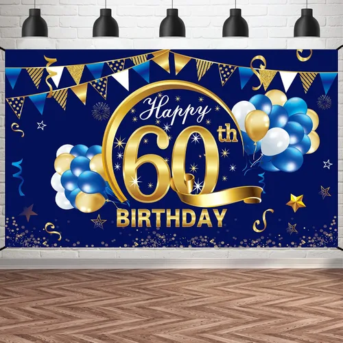 Vista 8 de Cartel de cumpleaños número 15 azul dorado para niños, suministros de fiesta de telón de fondo, letrero de fondo para fotos de cumpleaños de 15 años
