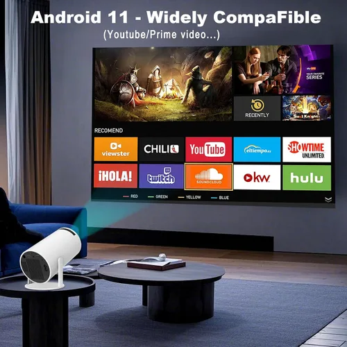 Vista 2 de HY300 PRO MINI proyector, proyector portátil, compatible con 4K 1080P con doble banda WIFI6 5G inalámbrico 5.0 Bluetooth Android 11, 180° giratorio