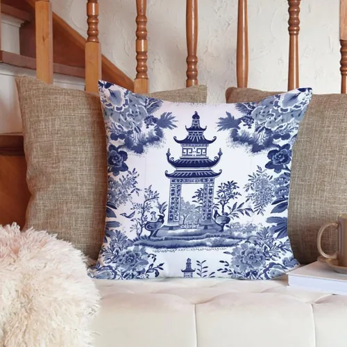 Vista 6 de ArogGeld Chinoiserie - Funda de cojín con diseño de pagoda asiática azul índigo, diseño cuadrado de flores y pagoda asiática, para oficina, silla