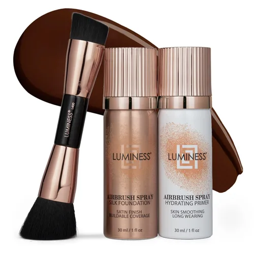 Vista 16 de LUMINESS Silk Airbrush Spray Foundation Kit de 3 piezas – base, prebase y brocha de maquillaje en ángulo de doble cara – Cobertura modulable