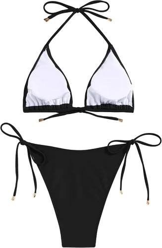Vista 5 de ZAFUL Conjunto de bikini triangular para mujer, traje de baño de dos piezas de corte alto, traje de baño halter con lazo frontal, tanga