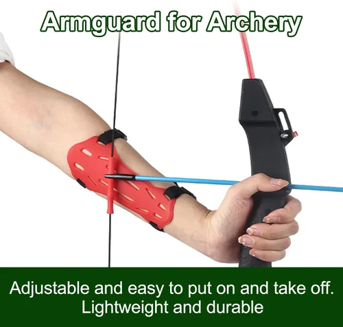 Vista 5 de Paquete de 2 protectores de brazo de goma con arco para jóvenes, protectores ajustables para antebrazo, 2 correas de hebilla para niños y jóvenes